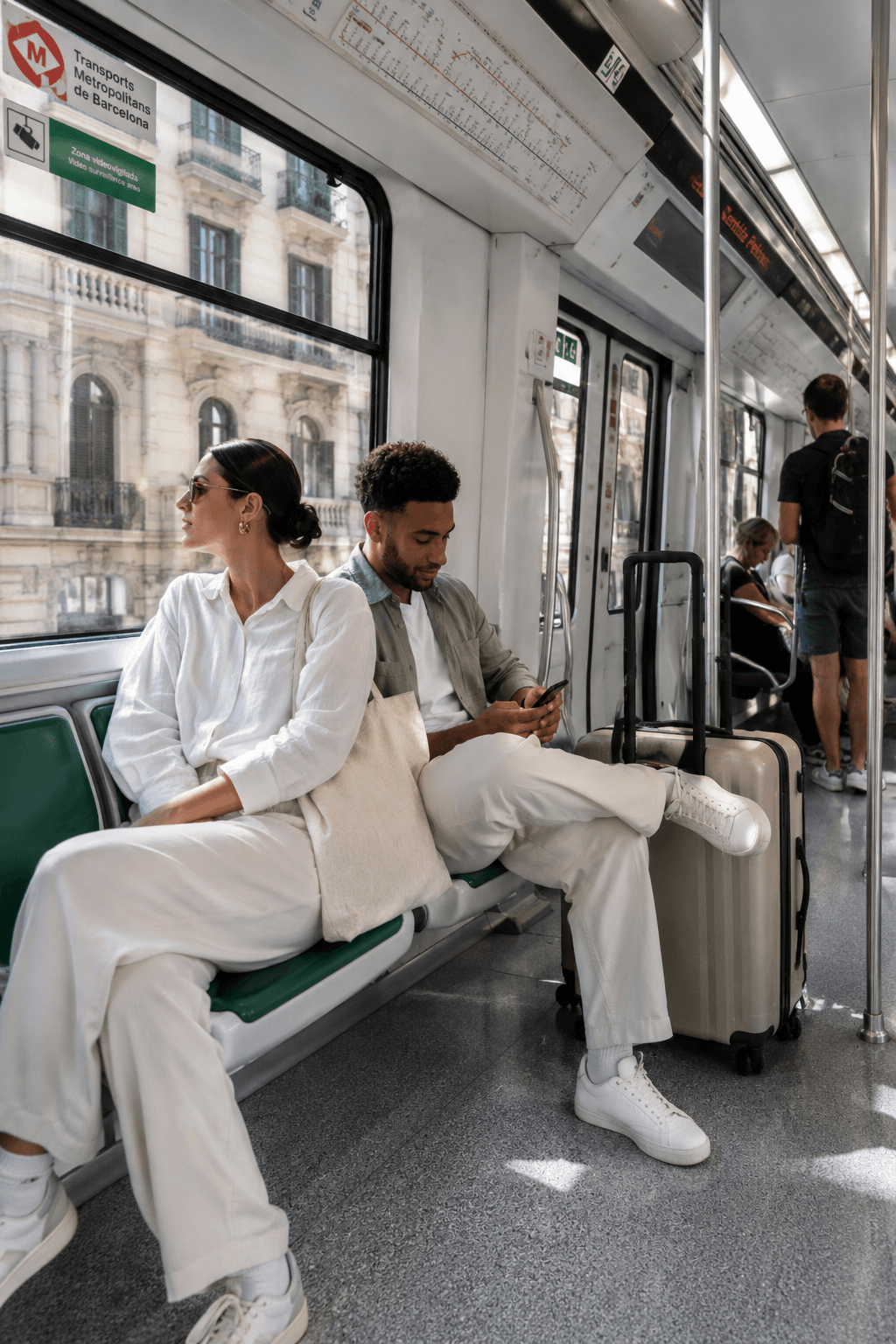 A couple travelling in Spain with their luggage